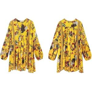 Womens cotton, long sleeve, floral print casual swing dress, short.